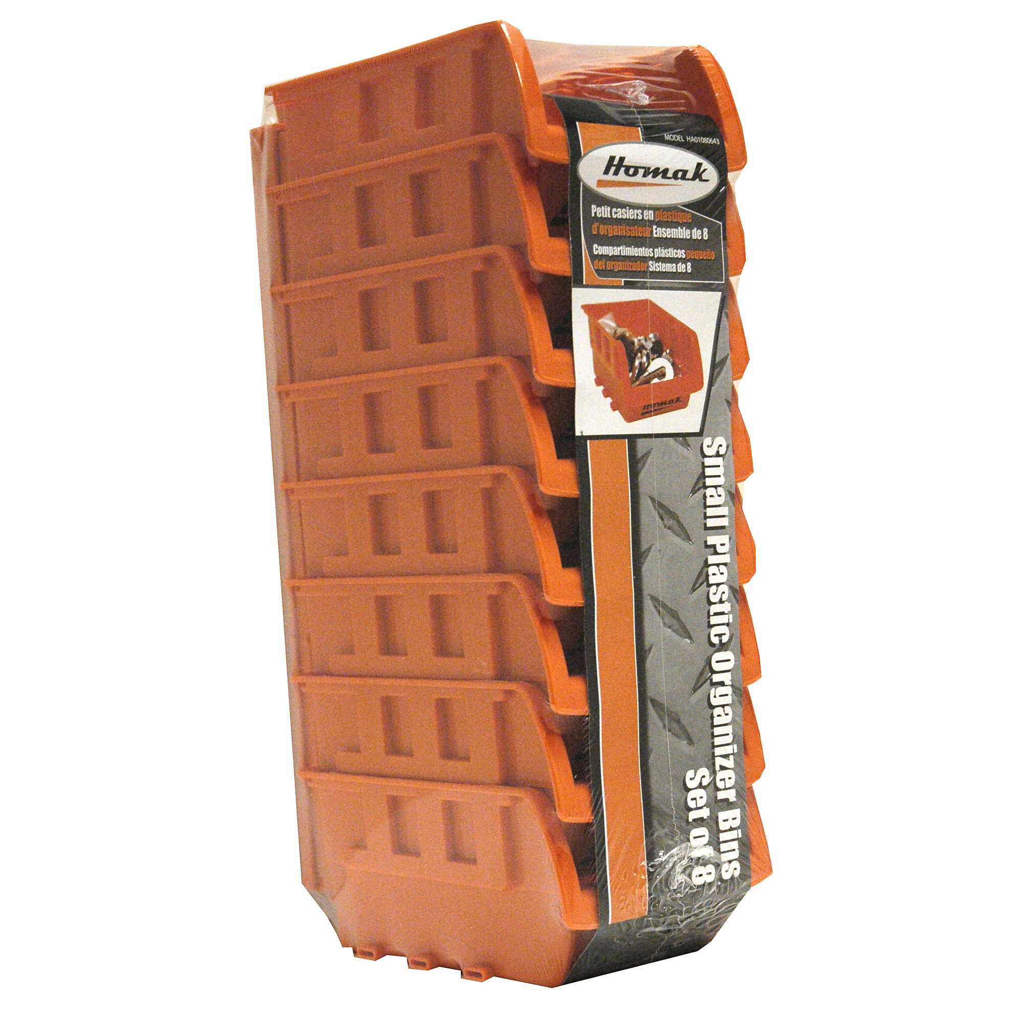 Homak Small Plastic Organizer Bins, 8-Pc. Set, 6 1/2in. x 4 1/4in. x 3in., Orange, Model# HA01080643